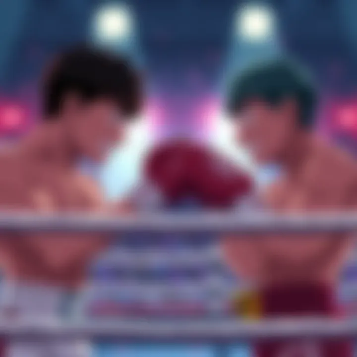 Ippo and Joe face each other in a boxing ring, ready for a match