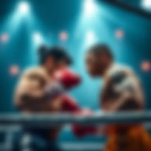 Ippo and Ricardo in a tense boxing ring confrontation, showcasing their determination and strength.