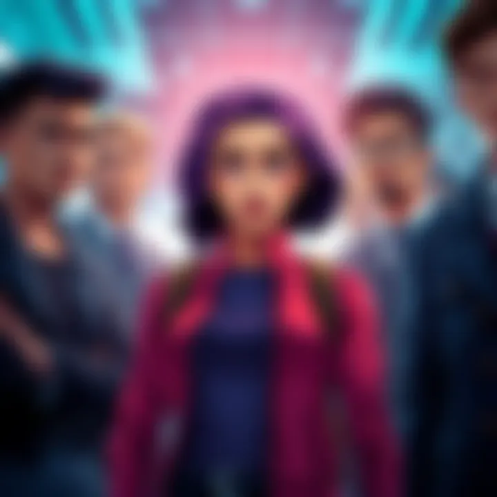 Iris stands confidently among her friends, showcasing her strong character during a pivotal moment.