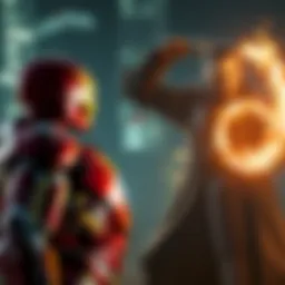 Iron Man facing the Mandarin Tony Stark in Iron Man suit stands ready to fight Wenwu, the Mandarin, who appears powerful with glowing rings