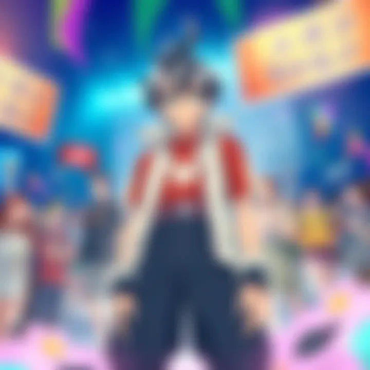 Iruka standing proudly as the representative for Normal Type, with a lively backdrop of fans discussing the next Fighting Type choice.