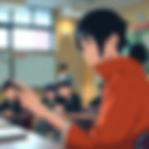 Iruka teaching students in a classroom, focusing on a young boy who resembles Naruto, showcasing a teaching moment.