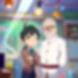 Iruma stands confidently next to his teacher, both smiling in a classroom setting, surrounded by magical items and colorful decorations.