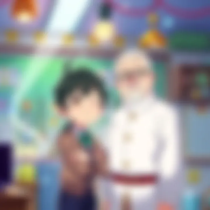 Iruma stands confidently next to his teacher, both smiling in a classroom setting, surrounded by magical items and colorful decorations.