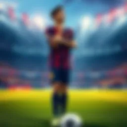 A young football player in a Barcelona jersey looking thoughtfully at the camera, hinting at a potential transfer. He stands on a soccer field with a ball at his feet, surrounded by cheering fans.