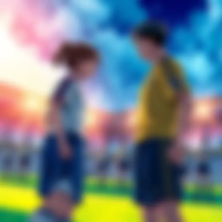 Isagi stands determined on the soccer field, confronting Hugo, who exudes confidence. Tension builds as their ideologies clash, with teammates watching in the background.