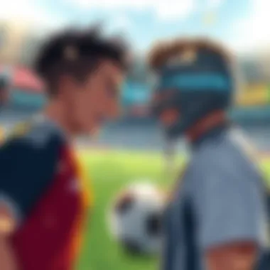 Isagi and Kaiser facing off on the soccer field, intense expressions showing their competitive spirit, with a packed stadium in the background.