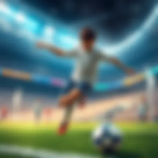 Isagi Yoichi in action on the field A young soccer player named Isagi Yoichi dribbles a ball towards the goal, showing determination on his face amidst a backdrop of cheering fans and a vibrant soccer stadium.