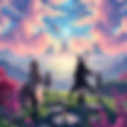 A vibrant scene featuring several isekai anime characters set in a colorful fantasy world with detailed landscapes and magical elements
