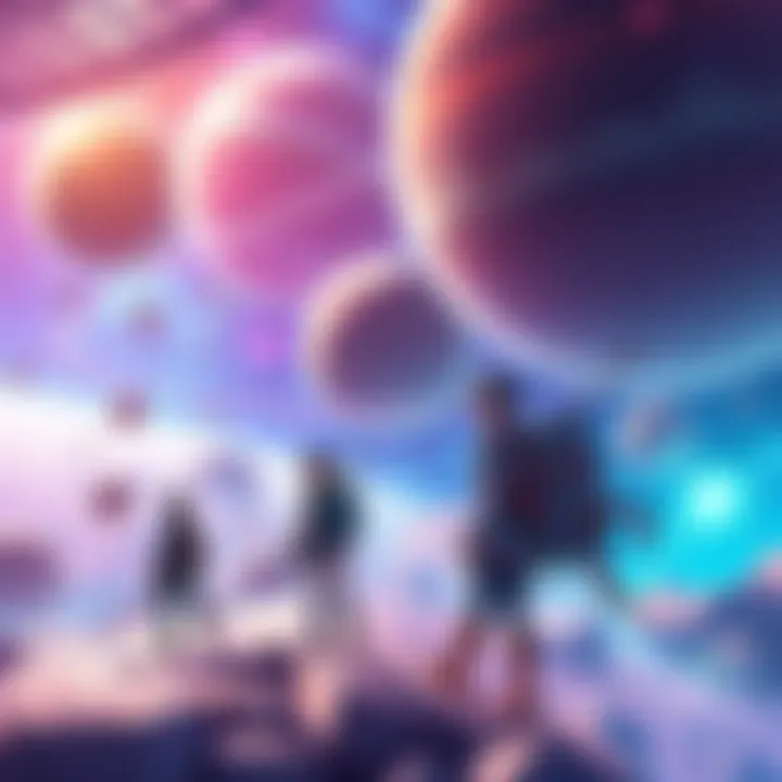 A vibrant scene of characters exploring a futuristic space world, filled with colorful planets and advanced technology.