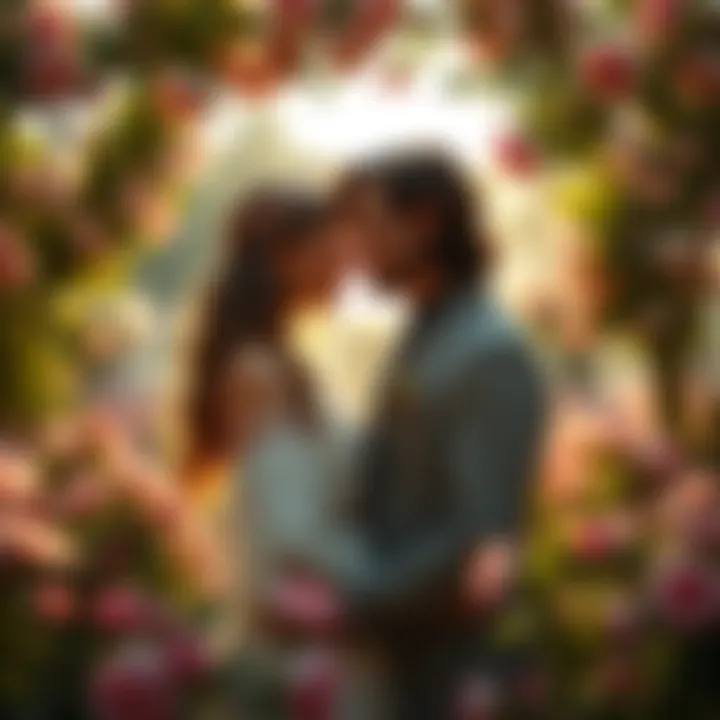 Isolde and Tristan share a romantic moment in a lush garden, surrounded by blooming flowers and soft sunlight.