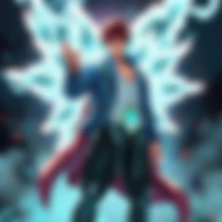 Isshin stands confidently with a powerful stance, showcasing his strong build and determined expression, surrounded by energy and light effects, symbolizing his remarkable abilities.