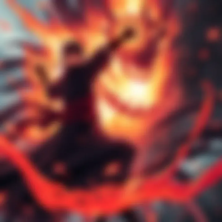 Itachi unleashing his Amaterasu technique, with black flames engulfing Mahoraga in a fierce battle scene.