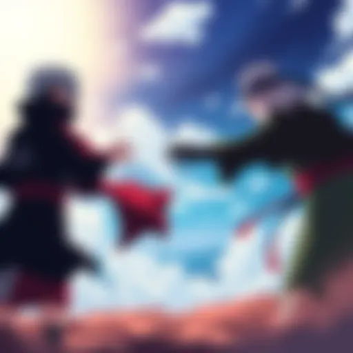 Itachi Uchiha stands facing Jiraiya, both in a battle stance, with a dramatic sky in the background.