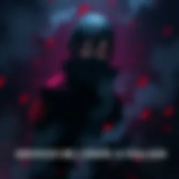 A somber depiction of Itachi Uchiha, showing him in a shadowy environment, reflecting his inner conflict as a character torn between villainy and heroism.