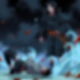 Itachi Uchiha stands confidently while Orochimaru lies defeated on the ground, showcasing their intense battle moment.