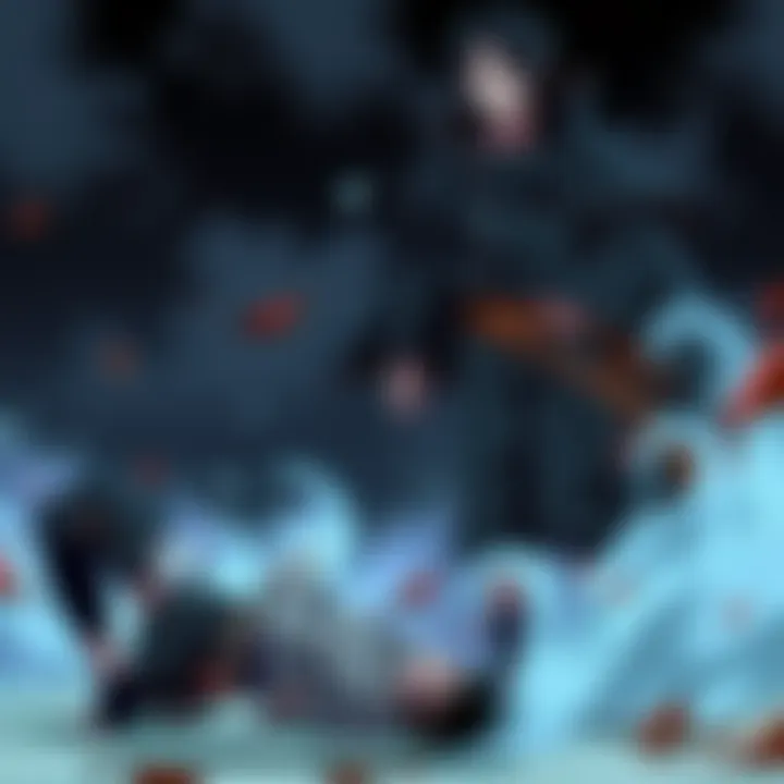 Itachi Uchiha stands confidently while Orochimaru lies defeated on the ground, showcasing their intense battle moment.