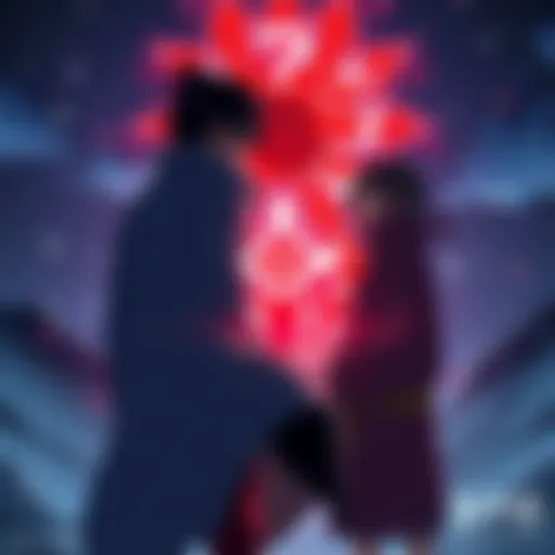 Itachi using Tsukuyomi on Sasuke Itachi stands before Sasuke, casting a powerful genjutsu that forces Sasuke to relive the tragedy of their parents' death repeatedly.