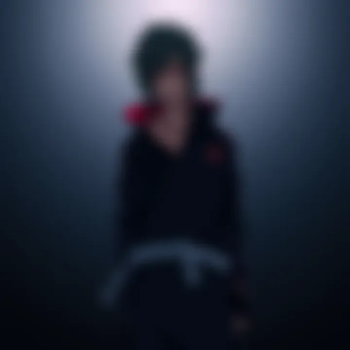Itachi Uchiha stands alone, looking serious, with a dark background that reflects his complex character and the mixed feelings he evokes in fans.