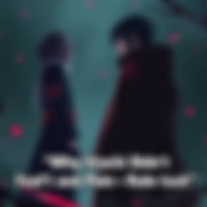 Itachi Uchiha stands confidently as he confronts Pain, with intense expressions in a dark setting, showcasing their powerful presence in the Akatsuki.