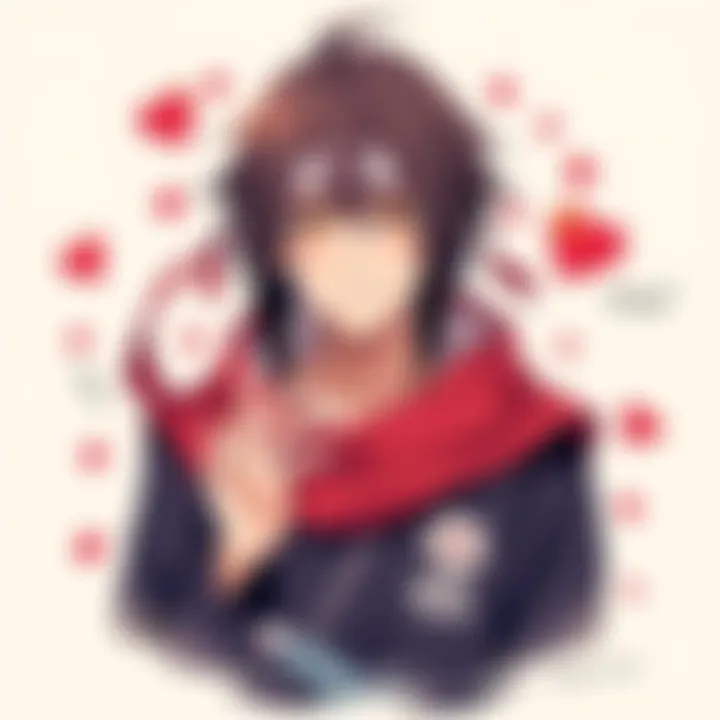 A detailed illustration of Itachi, a popular character, surrounded by expressions of admiration from fans. They show love through various symbols and messages.