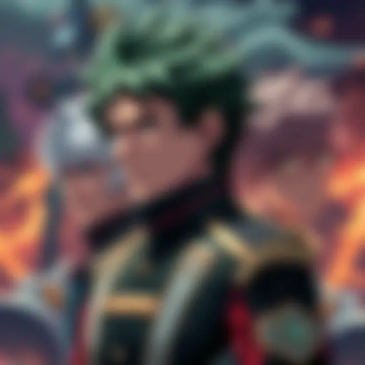Izuku showing different emotions while reflecting on his recent changes in character development, with a background of his iconic uniform and hints of previous battles.