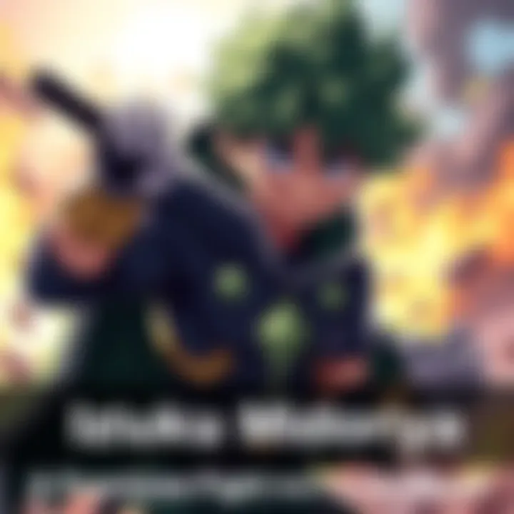 Izuku Midoriya, a young hero with green hair and a determined expression, stands ready for battle, showcasing his strong build and heroic costume, symbolizing his fighting spirit and kind heart.