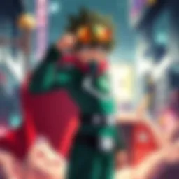 Izuku Midoriya stands confidently in his hero costume, symbolizing modern heroism with a focus on support and compassion.