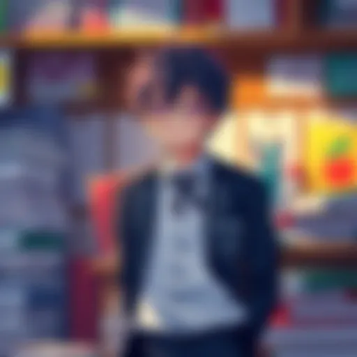 Izuku Midoriya wearing his school uniform, surrounded by books and school supplies, representing his start at school