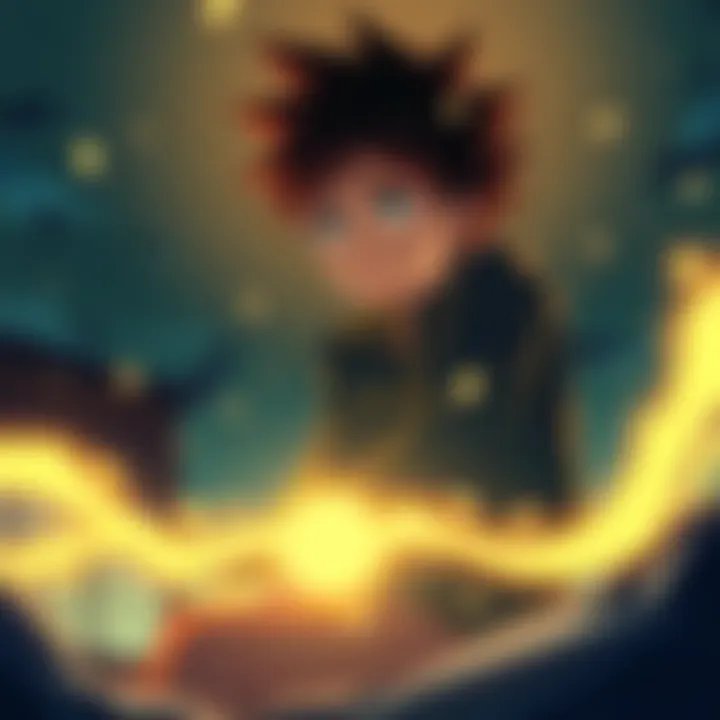 Izuku reflecting on past Izuku Midoriya sits alone, looking thoughtful as he remembers past One For All users. His expression shows a blend of sadness and determination, with a light glow representing their powers surrounding...