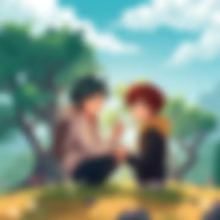 Fan art featuring Izuku and Setsuna sharing a conversation under a tree, showing their unique personalities and friendship