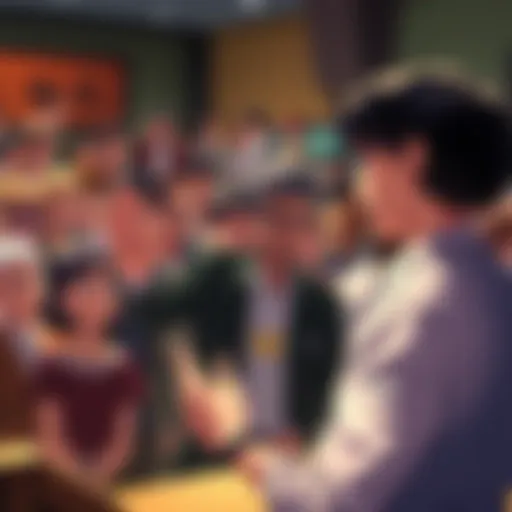 Izuku gestures passionately while addressing a diverse group of people, some looking frustrated, others curious about his message regarding Quirkless individuals.