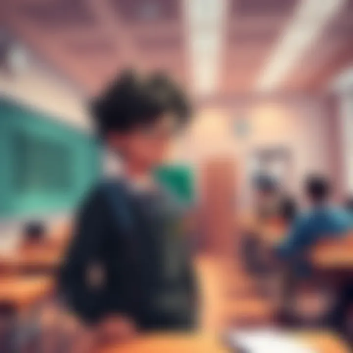Izuku Midoriya standing in front of a classroom at UA, engaging with students and sharing his experiences
