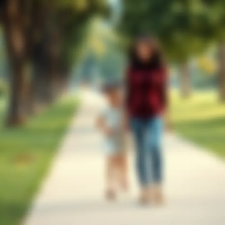 IzuMei and her daughter walking together in a park, showing their close bond and joyful expression