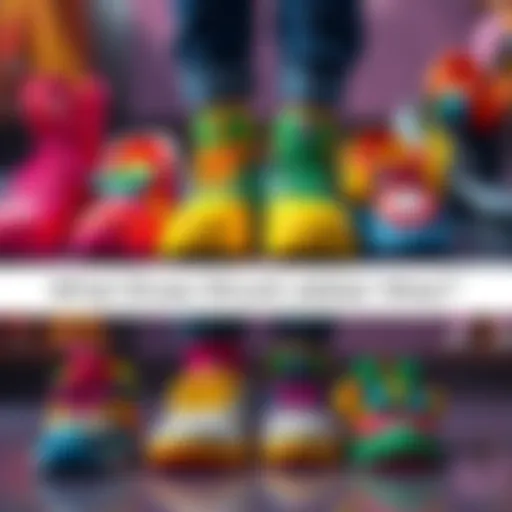 A variety of colorful shoes representing different styles that Jabber might wear, with playful designs and vibrant colors.