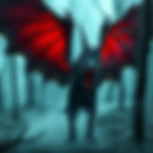 A fierce Jabberwock with large wings and sharp teeth stands in a misty forest, symbolizing its role in fantasy lore.