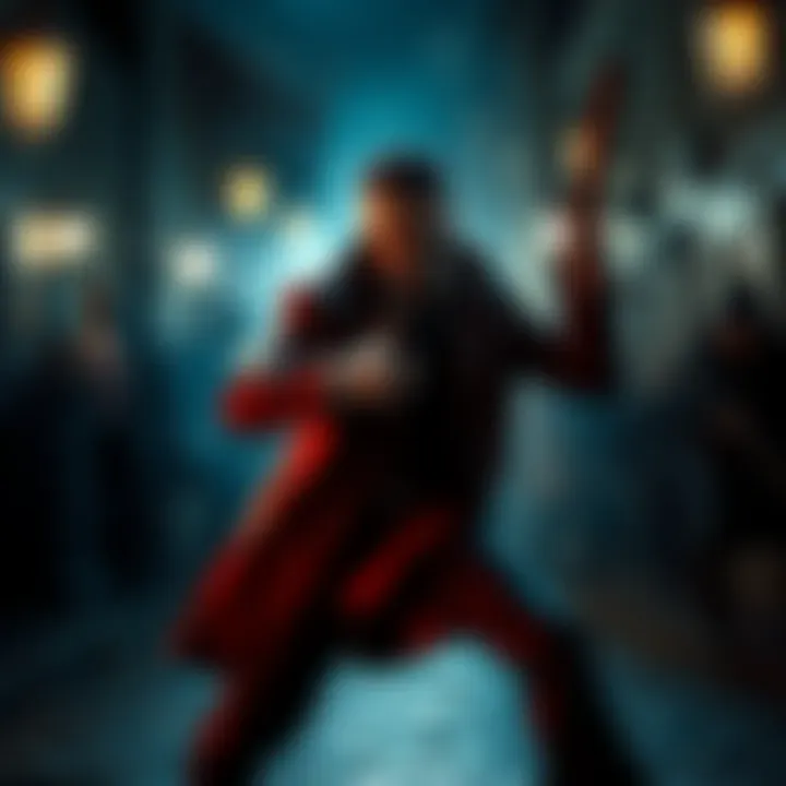 Jack the Ripper in a dramatic fight scene A tense scene showing Jack the Ripper engaged in a dramatic fight, emphasizing his menacing presence and the historical backdrop of the setting.