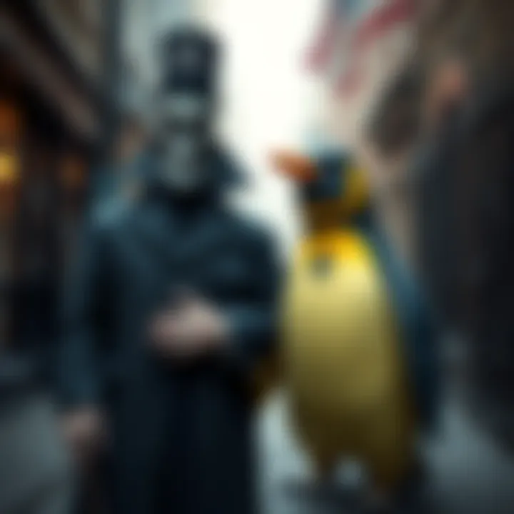 A depiction of Jack the Ripper standing next to Empoleon, a Pokémon that resembles a regal penguin, in a misty London alley.