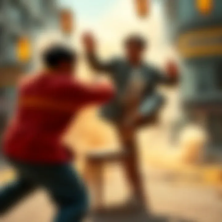 Action scene inspired by Jackie Chan A fighter uses a chair for defense while dodging attacks in a lively fight scene with humor and skill