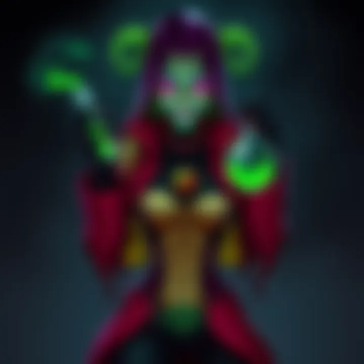 A female villain named Jama stands confidently, showcasing her Gila monster quirk with vibrant colors. She holds a vial of green poison, with a sly grin on her face, surrounded by dark shadows.