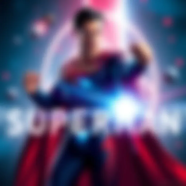 Concept art of Superman in a modern style, showcasing elements of science like anti-protons, with a dynamic pose and vibrant colors.