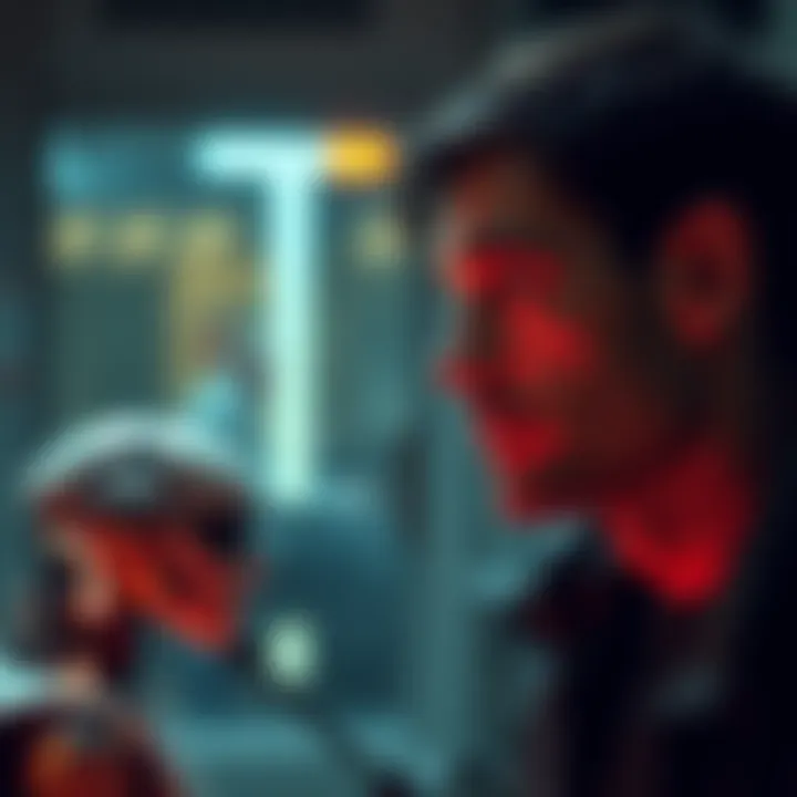 James looking thoughtfully at Penny, a humanoid figure, questioning whether she is a machine or a human