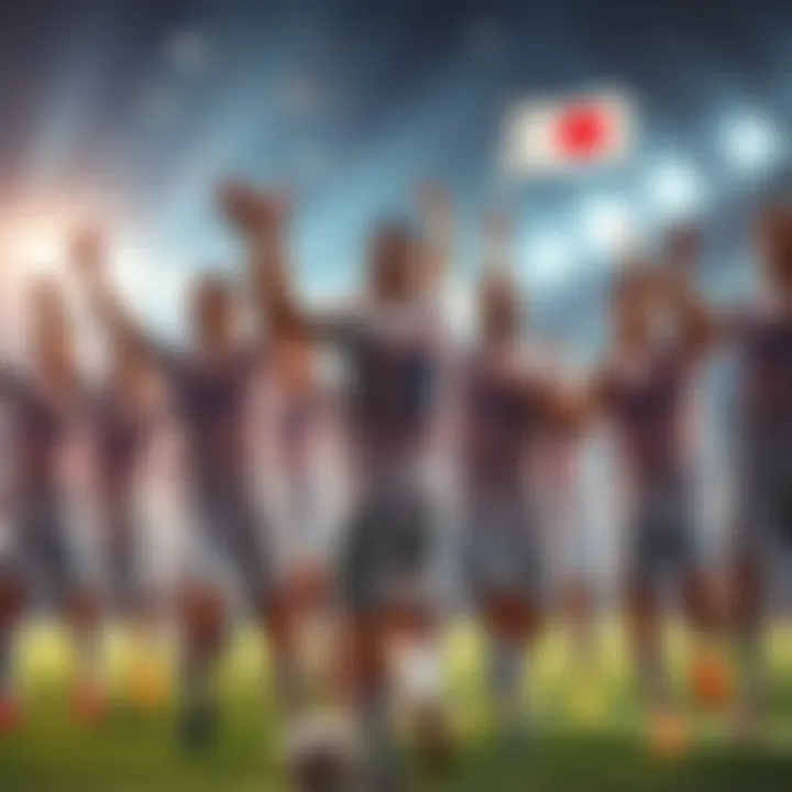 Members of the Japan soccer team celebrating their advancement to the finals while France is out of the tournament.