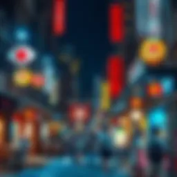 A bustling street in Japan at night, showcasing vibrant lights and people enjoying traditional food and drinks.