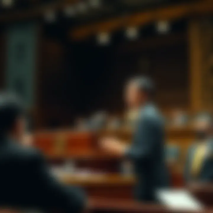 A Japanese senator speaking at a podium during a legislative session, surrounded by fellow lawmakers