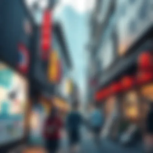 A lively street in Japan showcasing everyday life with shops and people going about their day.
