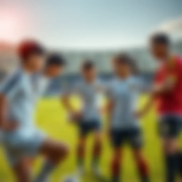 A soccer team discussing tactics on the field with a coach, symbolizing Japan's evolving sports strategies.