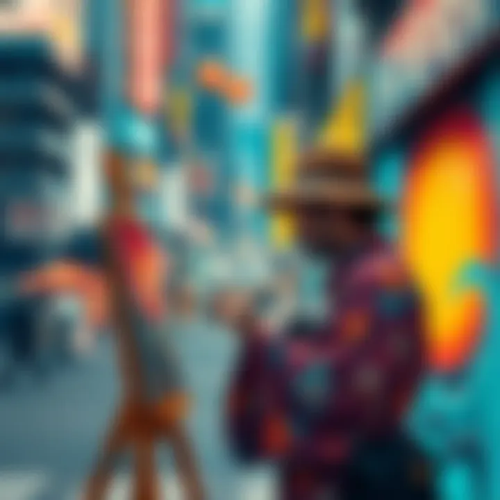 Japanese artist creating a unique piece A Japanese artist paints a vibrant mural blending traditional and modern styles in a bustling city