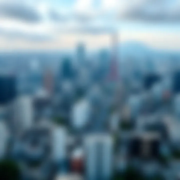 A skyline view of a Japanese city showing contrasting areas of wealth and poverty.