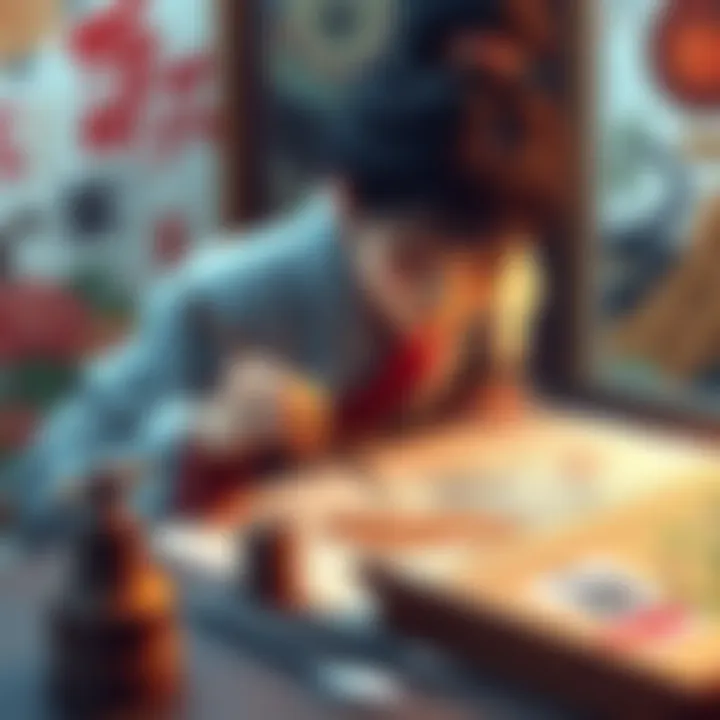 An artist using traditional Japanese drawing tools on rice paper, surrounded by colorful artwork